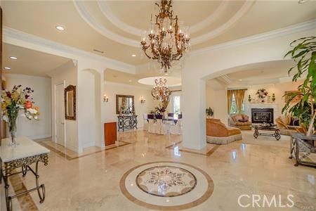 Chandelier, Fireplace, Interior, Living room, Recessed Lighting