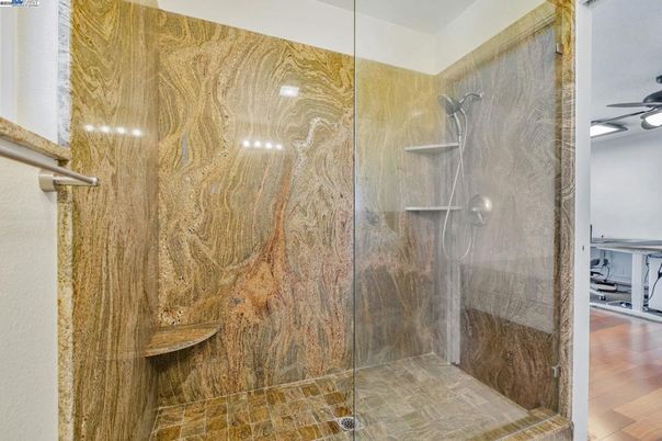 Bathroom, Glass Shower, Interior, Wood Texture Flooring