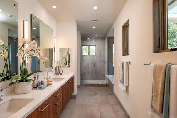Bathroom, Dual Sink Vanities, Glass Shower, Interior, Recessed Lighting