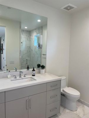 Bathroom, Glass Shower, Interior, Marble Walls, Recessed Lighting