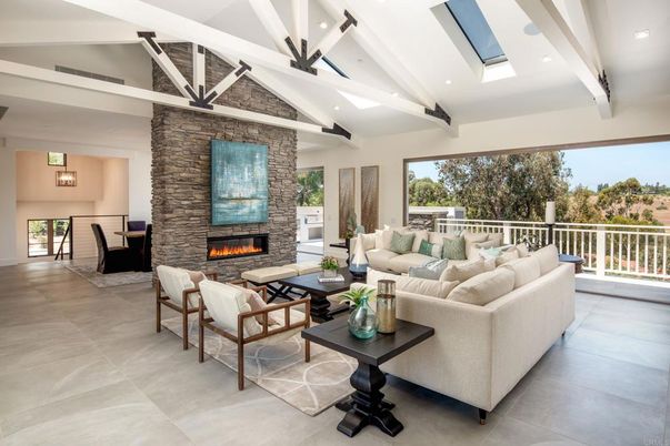 Dining room, Fireplace, Interior, Living room, Recessed Lighting, Stone Walls