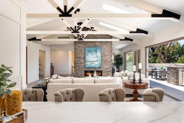 Dining room, Fireplace, Interior, Living room, Pendant Lights, Recessed Lighting, Stone Walls