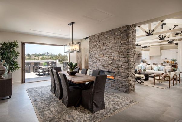 Dining room, Fireplace, Interior, Living room, Pendant Lights, Stone Walls