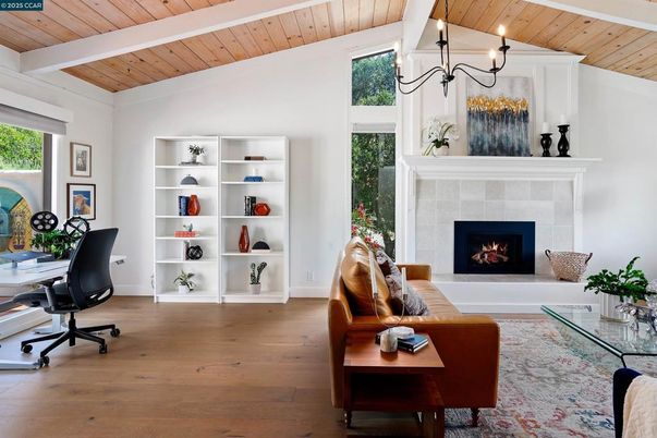 Chandelier, Fireplace, Home Office, Interior, Living room, Wooden Beams, Wooden Ceilings, Wood Texture Flooring