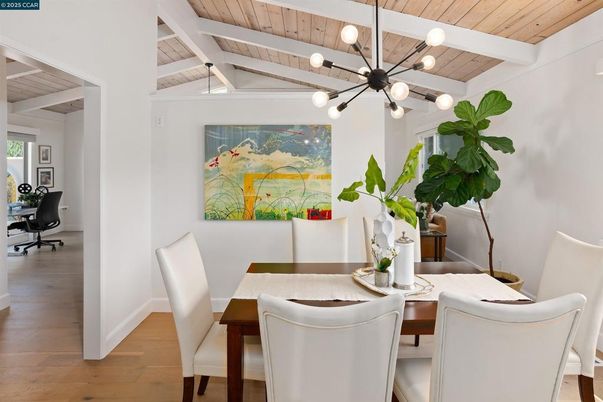 Dining room, Interior, Pendant Lights, Wooden Beams, Wooden Ceilings, Wood Texture Flooring