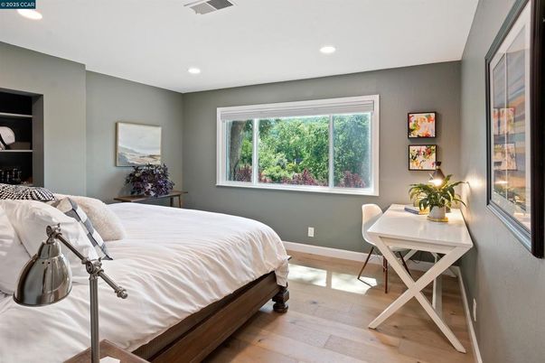 Bedroom, Interior, Recessed Lighting, Wood Texture Flooring