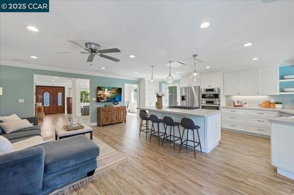 Interior, Kitchen, Living room, Pendant Lights, Recessed Lighting, Stainless Steel Appliances, Wood Texture Flooring