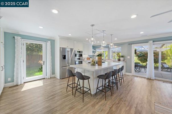 Interior, Kitchen, Pendant Lights, Recessed Lighting, Stainless Steel Appliances, Wood Texture Flooring