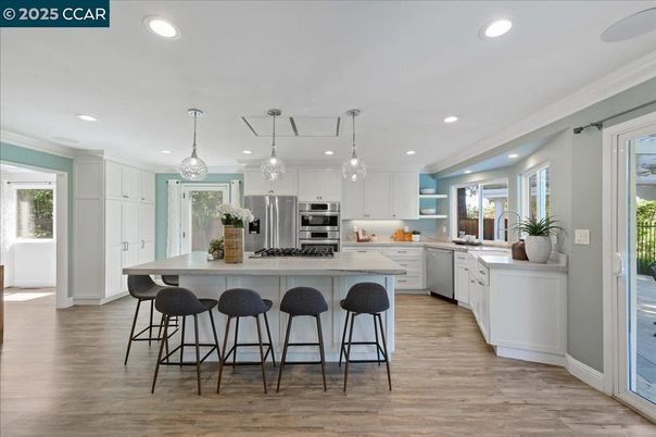 Interior, Kitchen, Pendant Lights, Recessed Lighting, Stainless Steel Appliances, Wood Texture Flooring