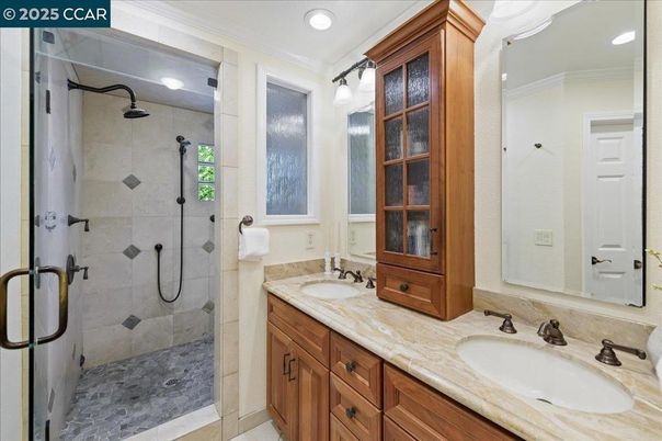 Bathroom, Dual Sink Vanities, Glass Shower, Interior, Recessed Lighting