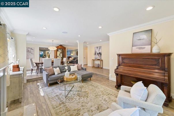 Dining room, Interior, Living room, Pendant Lights, Piano, Recessed Lighting, Wood Texture Flooring
