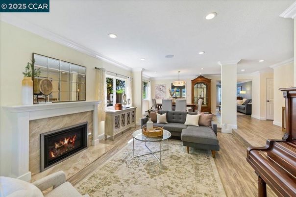 Dining room, Fireplace, Interior, Living room, Pendant Lights, Piano, Recessed Lighting, Wood Texture Flooring