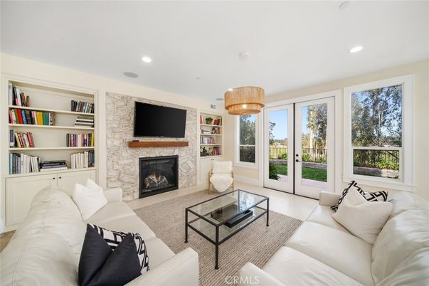 Fireplace, Interior, Living room, Pendant Lights, Recessed Lighting, Stone Walls