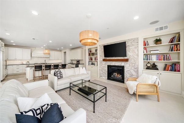 Fireplace, Interior, Kitchen, Living room, Pendant Lights, Recessed Lighting