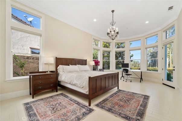 Bedroom, Chandelier, Interior, Recessed Lighting, Wood Texture Flooring