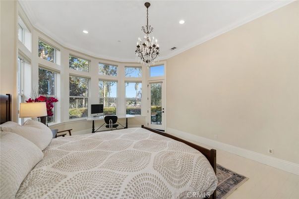 Bedroom, Chandelier, Home Office, Interior, Recessed Lighting, Wood Texture Flooring