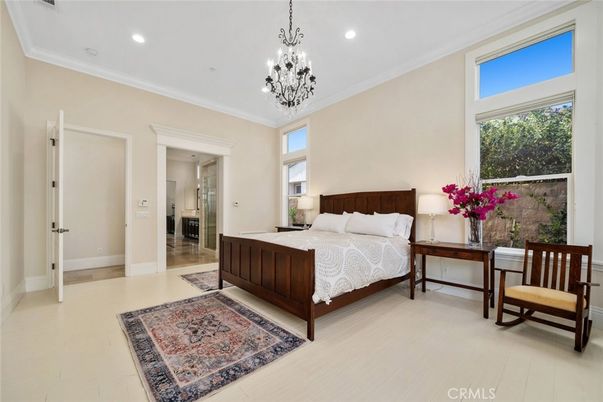 Bedroom, Chandelier, Interior, Recessed Lighting, Wood Texture Flooring