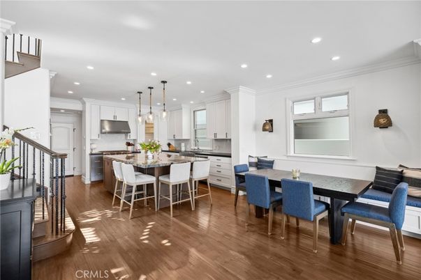 Dining room, Interior, Kitchen, Pendant Lights, Recessed Lighting, Stainless Steel Appliances, Wood Texture Flooring
