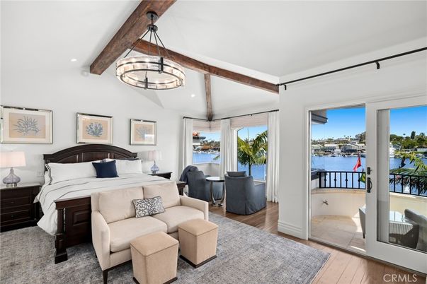 Bedroom, Interior, Pendant Lights, Recessed Lighting, Water, Wooden Beams, Wood Texture Flooring