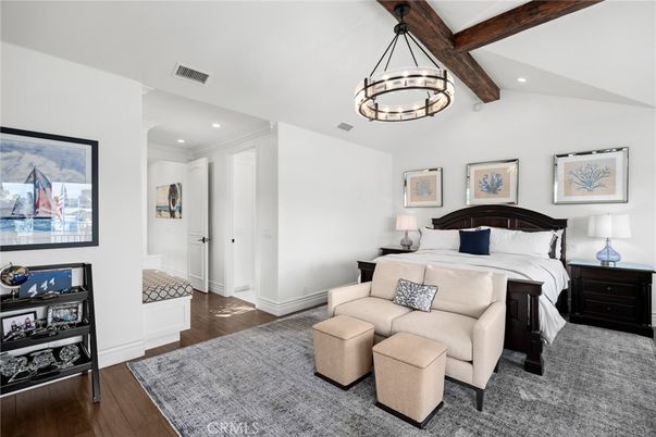 Bedroom, Interior, Pendant Lights, Recessed Lighting, Wooden Beams, Wood Texture Flooring