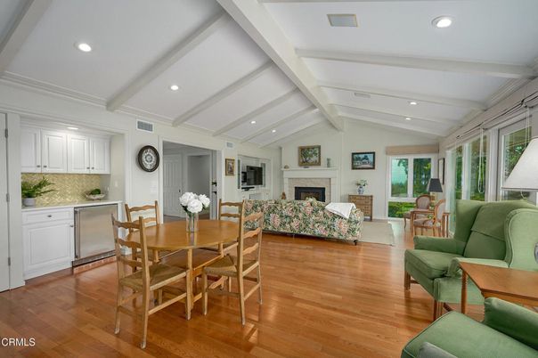 Dining room, Fireplace, Interior, Kitchen, Living room, Recessed Lighting, Wood Texture Flooring