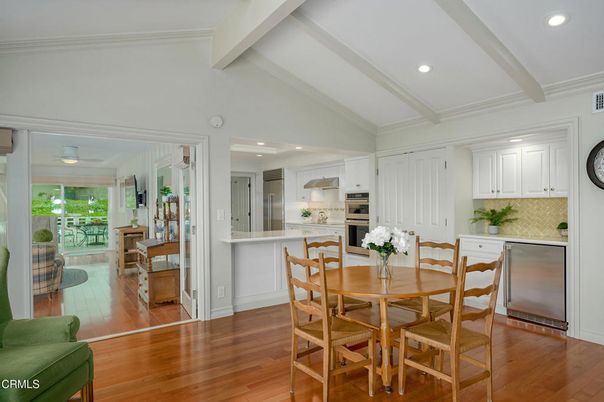 Dining room, Interior, Kitchen, Recessed Lighting, Stainless Steel Appliances, Wood Texture Flooring