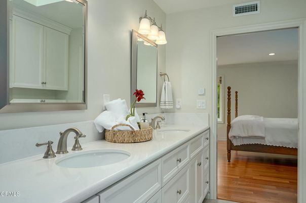 Bathroom, Bedroom, Dual Sink Vanities, Interior, Recessed Lighting, Wood Texture Flooring