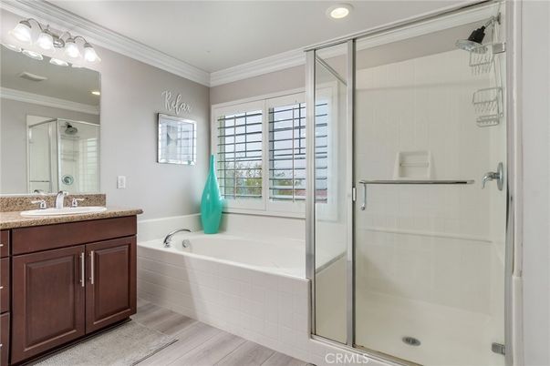 Bathroom, Glass Shower, Interior, Recessed Lighting, Wood Texture Flooring
