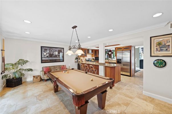 Billiard Table, Game Room, Interior, Kitchen, Pendant Lights, Recessed Lighting, Stainless Steel Appliances