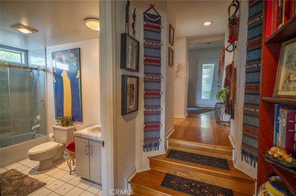 Bathroom, Glass Shower, Interior, Recessed Lighting, Wood Texture Flooring
