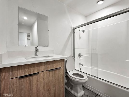 Bathroom, Glass Shower, Interior, Recessed Lighting, Wood Texture Flooring