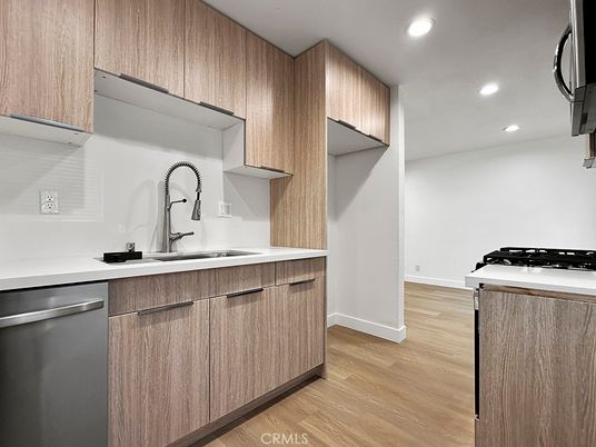 Interior, Kitchen, Recessed Lighting, Stainless Steel Appliances, Wood Texture Flooring