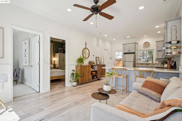 Interior, Kitchen, Living room, Recessed Lighting, Stainless Steel Appliances, Wood Texture Flooring