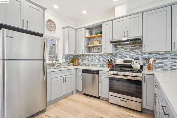 Interior, Kitchen, Recessed Lighting, Stainless Steel Appliances, Wood Texture Flooring