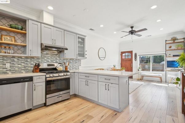 Interior, Kitchen, Recessed Lighting, Stainless Steel Appliances, Wood Texture Flooring