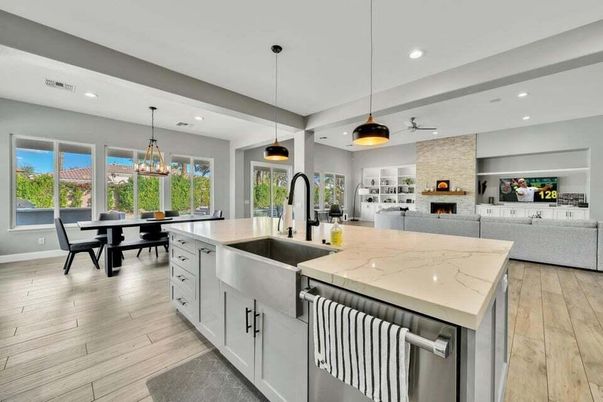 Dining room, Fireplace, Interior, Kitchen, Living room, Pendant Lights, Recessed Lighting, Stainless Steel Appliances, Stone Walls, Wood Texture Flooring