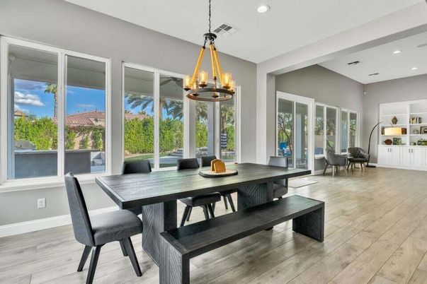 Dining room, Interior, Pendant Lights, Recessed Lighting, Wood Texture Flooring