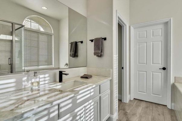 Bathroom, Glass Shower, Interior, Recessed Lighting, Wood Texture Flooring