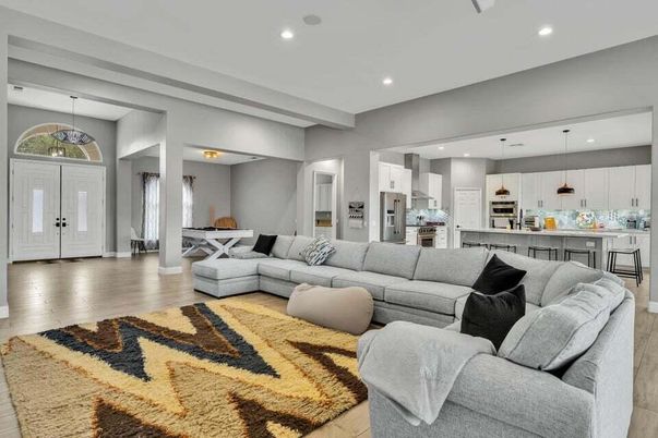 Interior, Kitchen, Living room, Pendant Lights, Recessed Lighting, Stainless Steel Appliances, Wood Texture Flooring