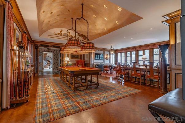 Billiard Table, Chandelier, Dining room, Game Room, Interior, Pendant Lights, Recessed Lighting, Wood Texture Flooring