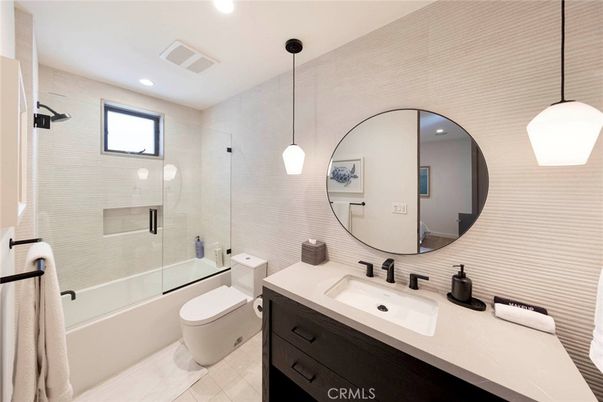Bathroom, Dual Sink Vanities, Glass Shower, Interior, Pendant Lights, Recessed Lighting