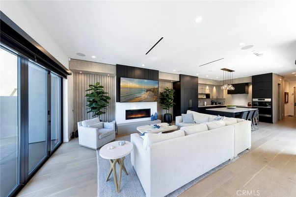 Fireplace, Interior, Kitchen, Living room, Pendant Lights, Recessed Lighting, Wood Texture Flooring