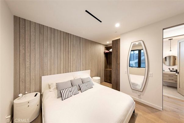 Bedroom, Interior, Pendant Lights, Recessed Lighting, Wood Texture Flooring