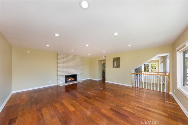 Empty room, Fireplace, Interior, Recessed Lighting, Wood Texture Flooring