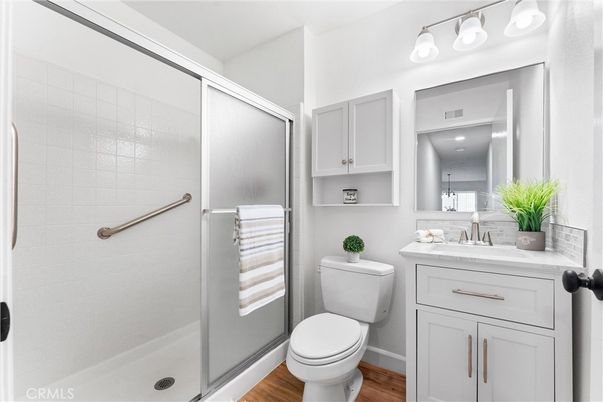 Bathroom, Glass Shower, Interior, Wood Texture Flooring