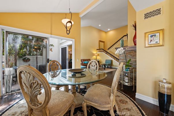 Dining room, Interior, Pendant Lights, Recessed Lighting, Wood Texture Flooring