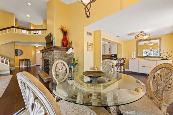 Dining room, Fireplace, Interior, Recessed Lighting, Wood Texture Flooring
