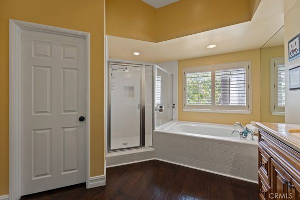 Bathroom, Glass Shower, Interior, Recessed Lighting, Wood Texture Flooring