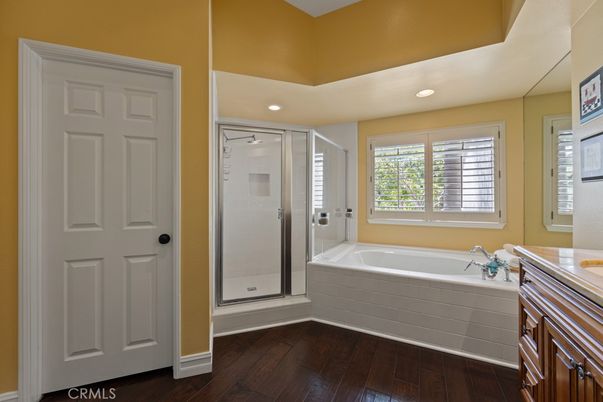 Bathroom, Glass Shower, Interior, Recessed Lighting, Wood Texture Flooring