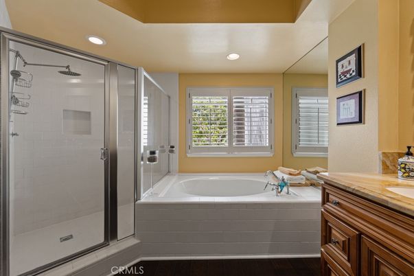 Bathroom, Glass Shower, Interior, Recessed Lighting, Wood Texture Flooring